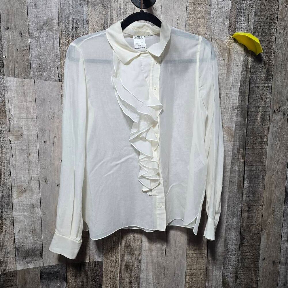 Chloe White Silk Cotton Blend Ruffle Button Up Blouse T40 8 Designer Luxury Prep
